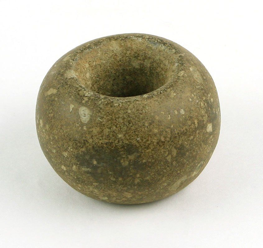 2 13/16"x1 7/8" PreColumbian Mace Head: Nicely made polished example from a porphyritic granite.