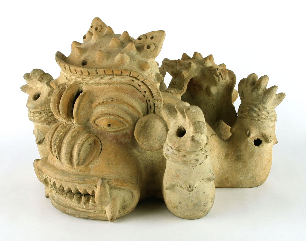7"x11" PreColumbian Effigy Incensario *Broken & Glued: Ex - Mary Rockefeller Collection example. Two headed deity with incense vents.