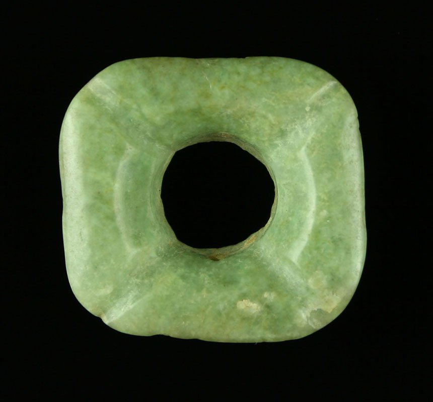 1 5/8" Mayan Jade Ear Flare: Rare 'square' style with petaled lobes. Central America. Nice!