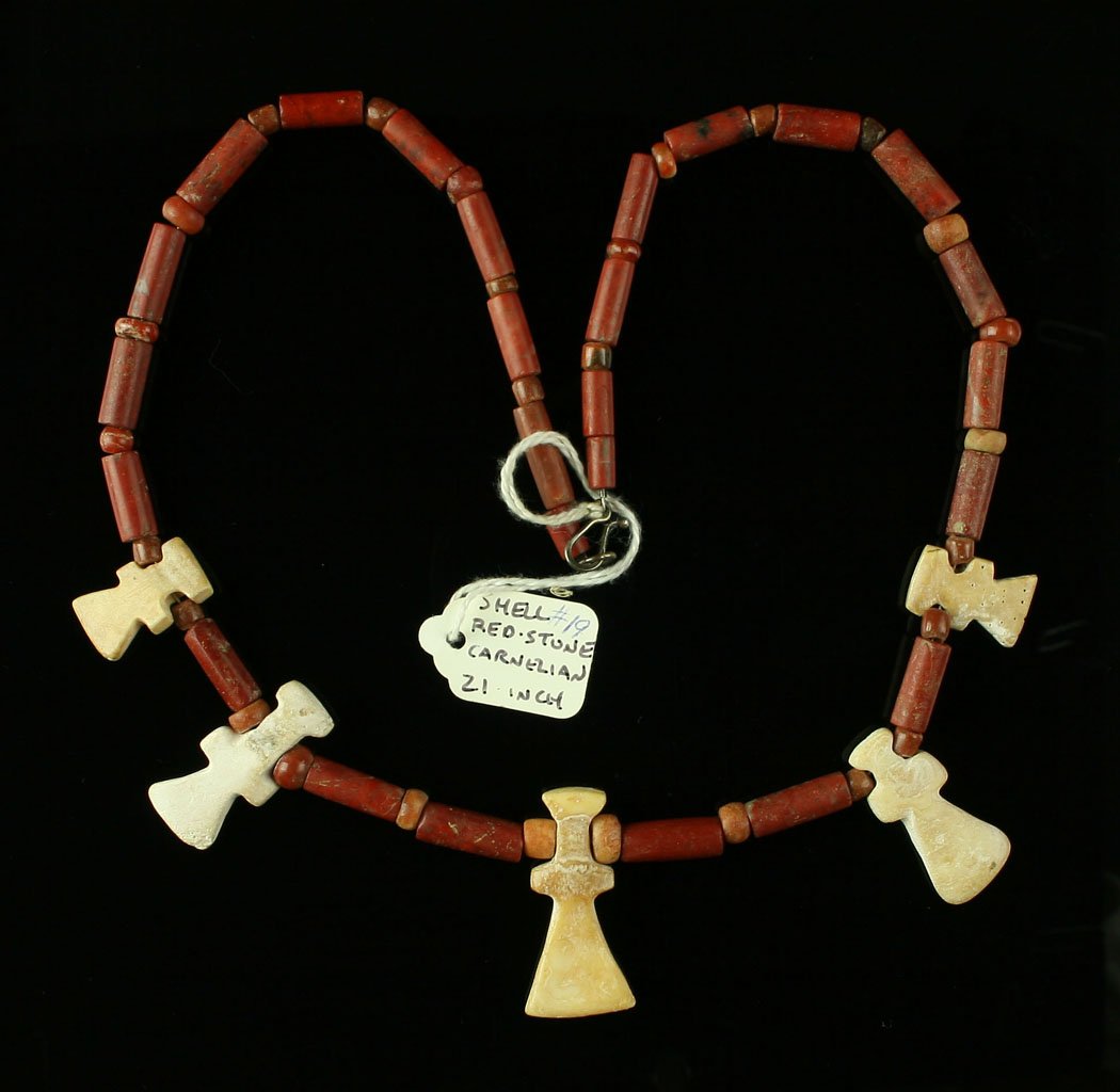 20" Tairona Shell and Jasper Necklace: Colombia example with polished carnelian/jasper beads, and shell bangles. 800-1500AD