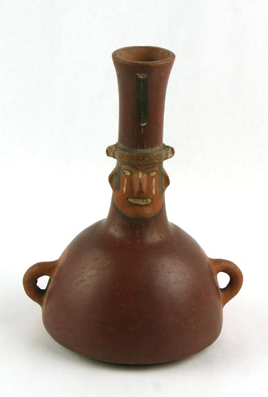 8 1/2" PreColumbian Incan Bottle: South American example with condor feathers and good paint. Nice!