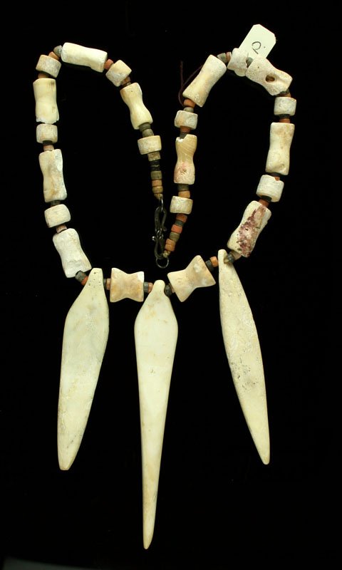17" Tairona Shell Necklace: Colombia example with 3 large shell pendants, largest 4 1/2" 800-1500 AD