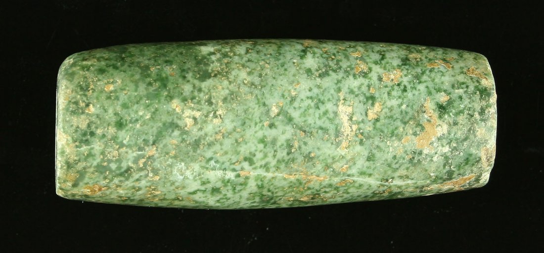 2 7/8" EXCELLENT Mayan Jade Bead: Very pretty Mayan jade example from Central America. Ex - Sadofsky Collection. Excellent polish and residual mineralization.