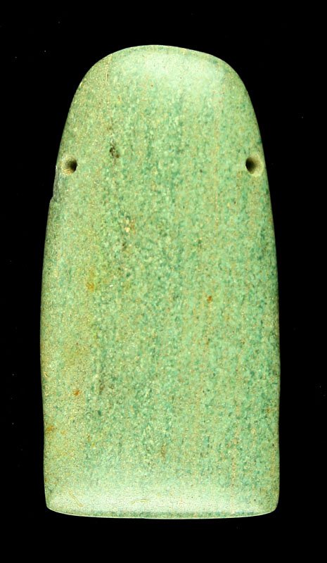 3" Mayan Jade Pendant: Laterally drilled on both edges with string sawn back.