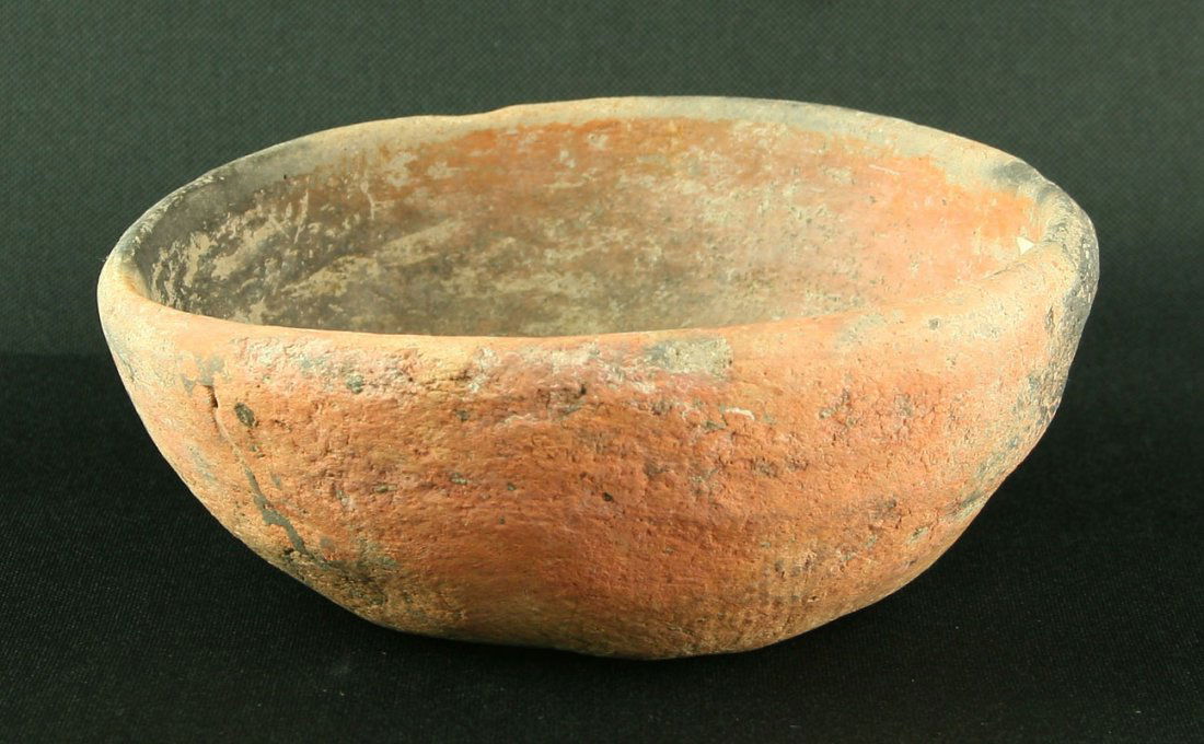7" Caddo Redware Bowl: Nice solid 100% intact example with indented bottom and excellent mineralization. Ex - Art Heaton Collection. Origin probably East Texas.