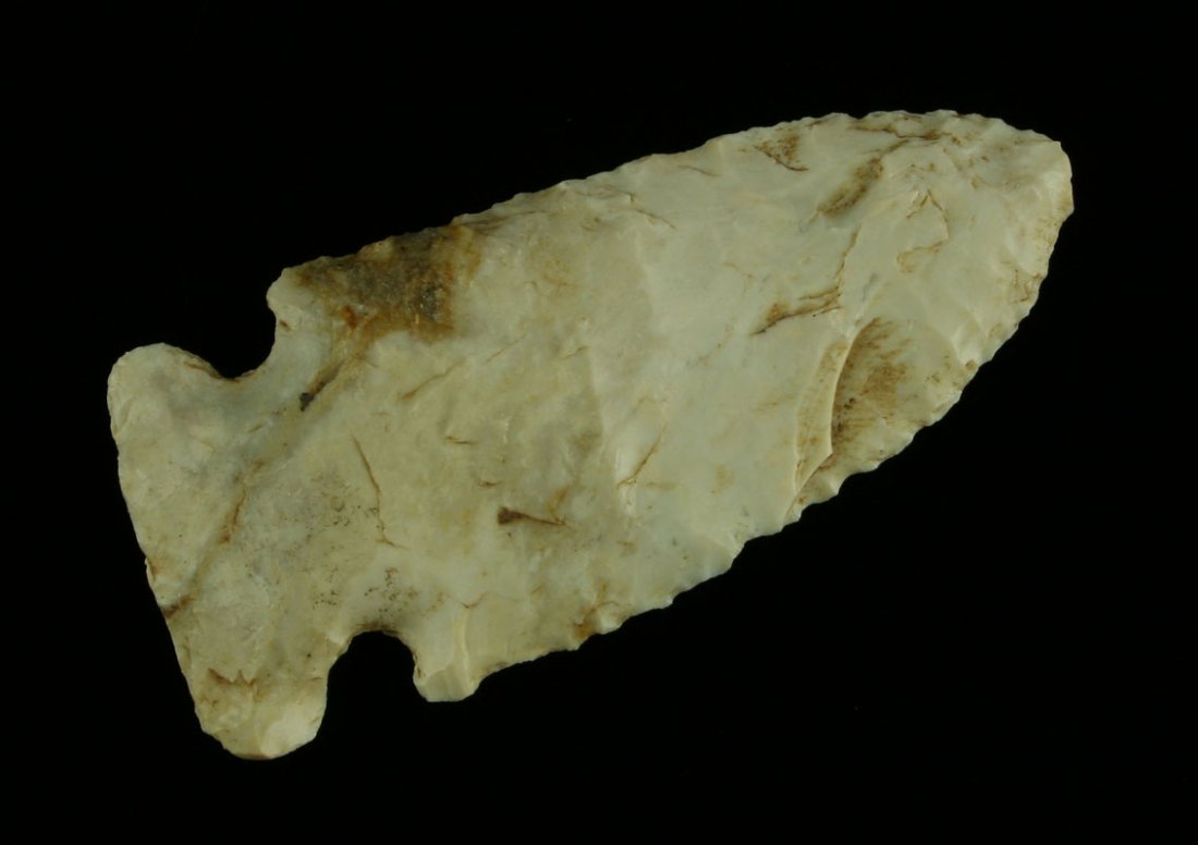 2 7/16" Archaic Notched point: Heavily ground base and super sharp serrations. High gloss high grade cream and brown Indiana chert. Old Indiana Collection.