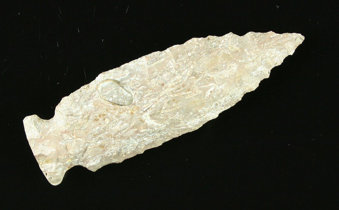 2 15/16" Archaic Side Notch: Incredible mauve fossil chert example marked 'Africa' from Delaware Co., Ohio. Ex - Art Heaton Collection.