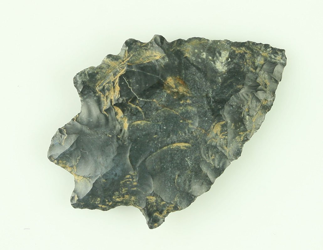 1 15/16" Kirk Serrated: Coshocton flint example from Tuscarawas Co., Ohio. Ex - Art Heaton.