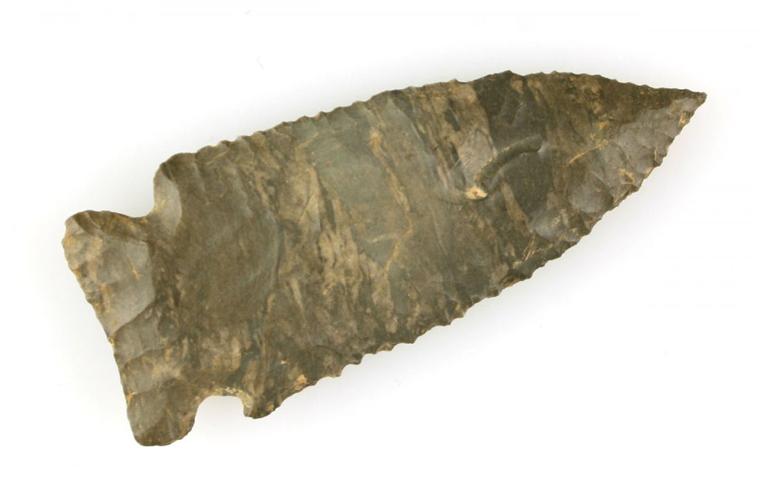 3 3/16" Pinetree - Jackson G-9 COA: Superb example. Long extended needle tip with super sharp minute serrations and overall excellent flaking. Made of pretty mottled dark chocolate and milk chocolate Dover Chert. Ex- Thorgeson Collectio