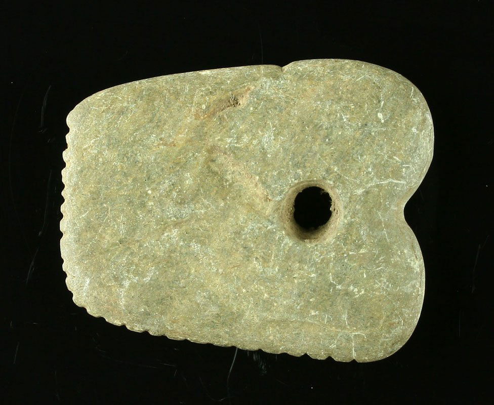 1 3/4" Tallied Salvaged Pendant: Slate example tallied and salvaged from a damaged pendant or gorget. Ohio.