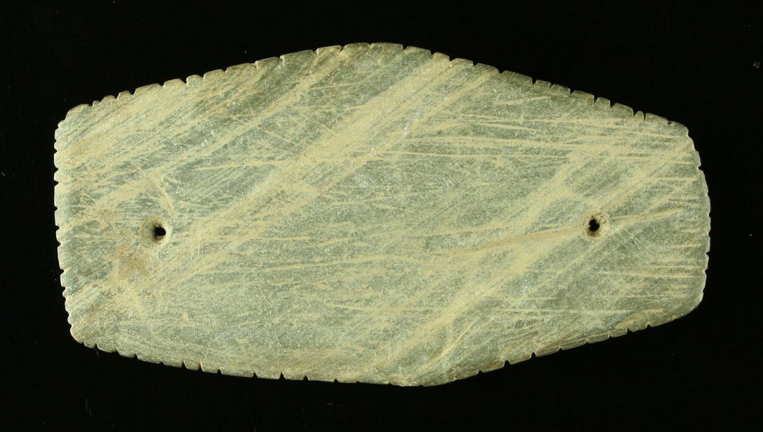 3 1/4" Tallied Gorget: Slate example with a lot of tallies. Appears to be salvaged by a later group.