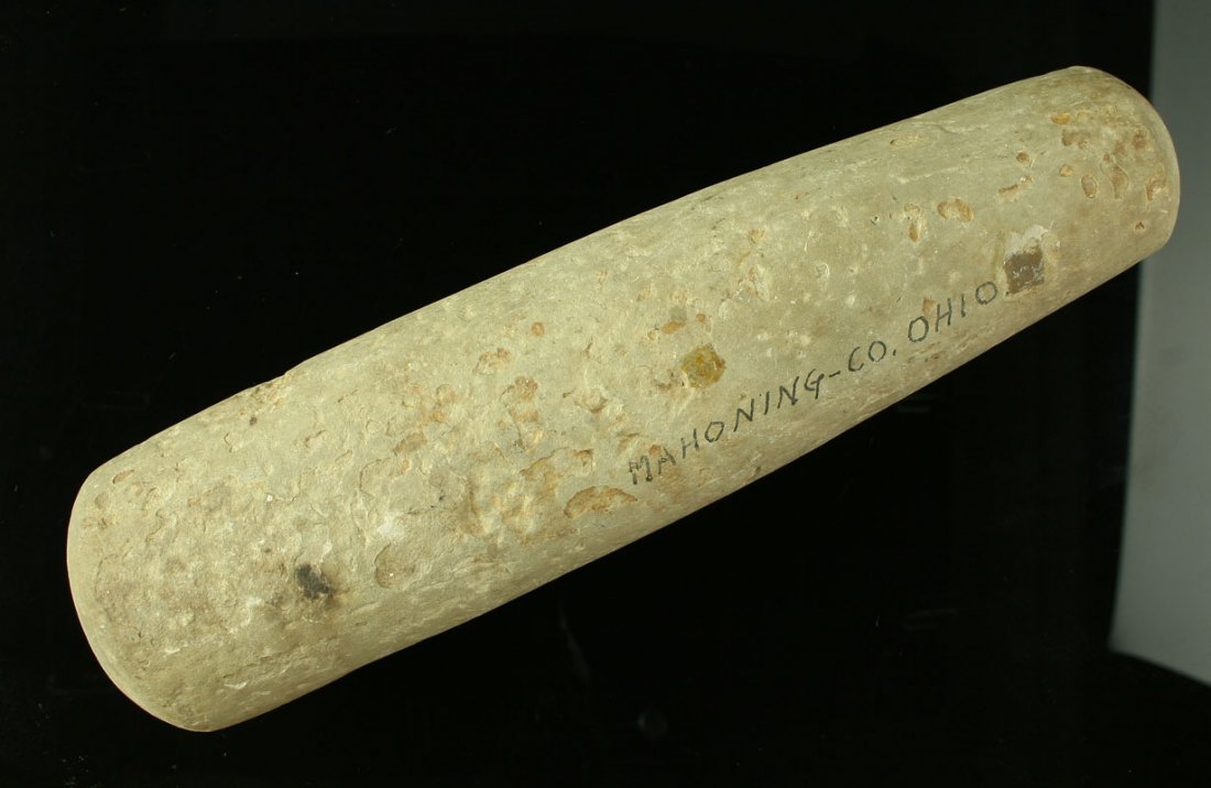 10 1/8" Roller Pestle: Found by JR Reslle on July 7, 1906 while digging a basement in Youngstown, Mahoning Co., Ohio, near High St and Mahoning Avenue. Ex - Art Heaton Collection. Great History.
