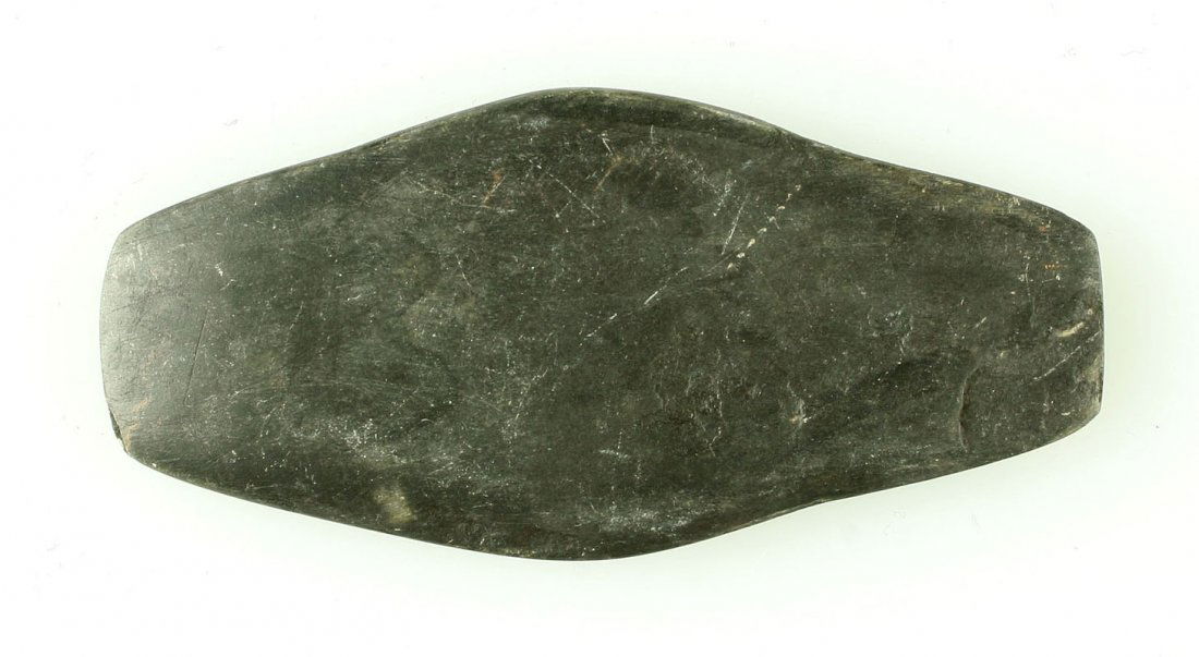 3 1/8" Undrilled Expanded Center Gorget: Later Mississippian example in a thin black slate or cannel coal.