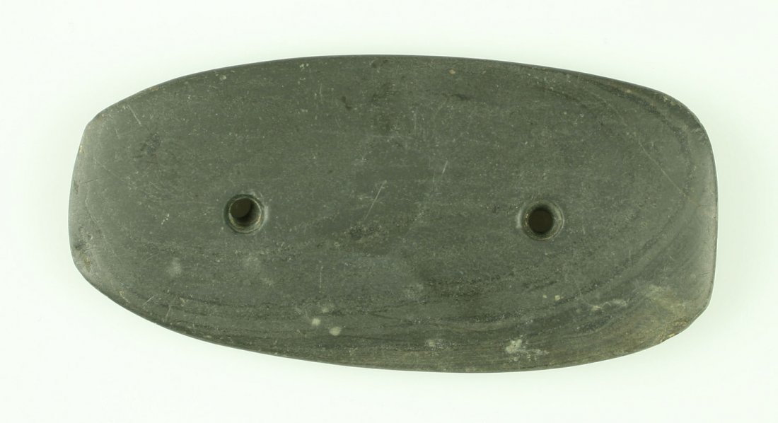 4" Hopewell Gorget: Found near Fort Ancient, Warren Co., Ohio. Ex - Art Heaton Collection. Green Banded Slate. Nicely polished. No-Brainer.