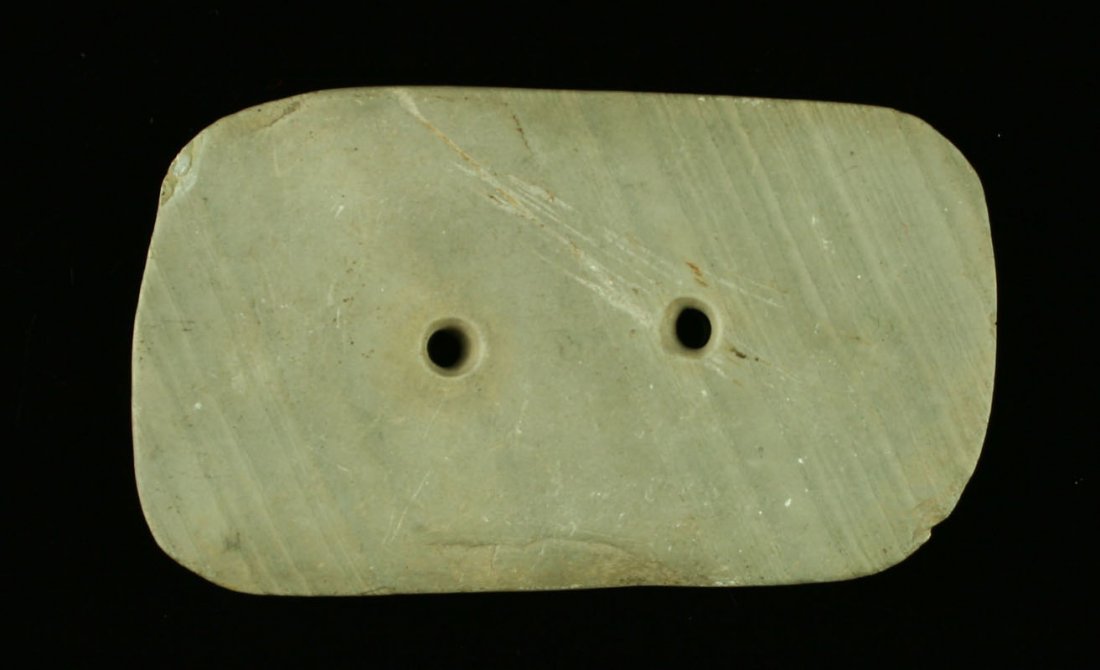 3 3/8" Hopewell Gorget: Banded Slate example from Ohio. Great mineralization. Ex - Art Heaton Collection.