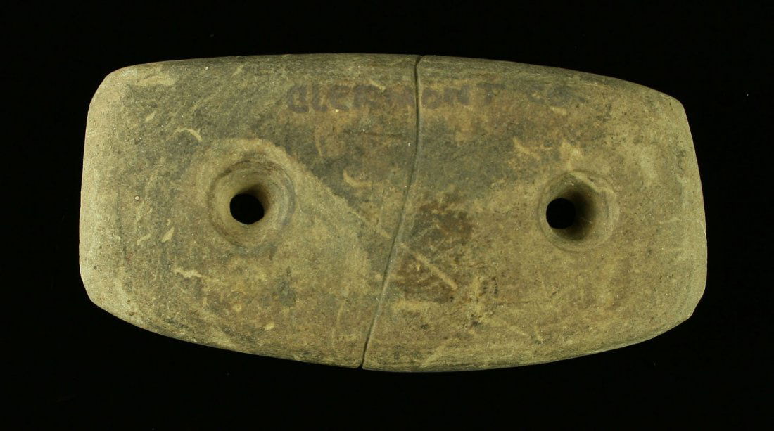 3 3/8" Adena Gorget: Sandstone example from Clermont Co., Ohio. Ex - Art Heaton Collection.