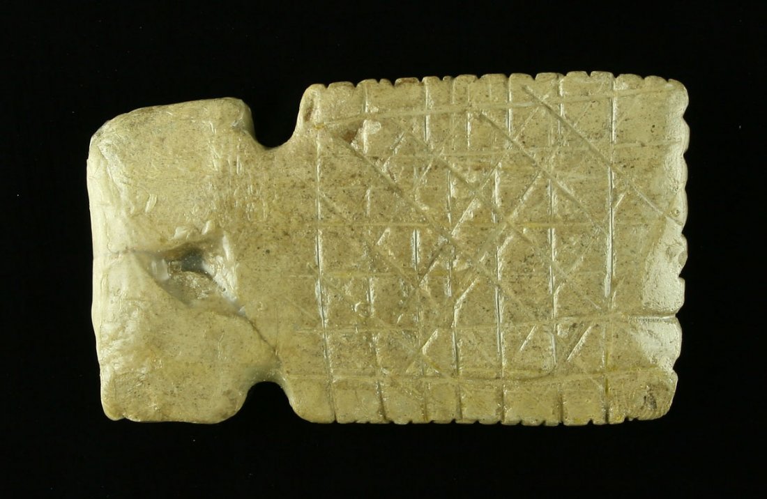 2" Ft. Ancient Pendant Engraved - Broken and Glued: Deeply incised pendant that has been repaired and material stablized with glue. Pipestone. Ohio.