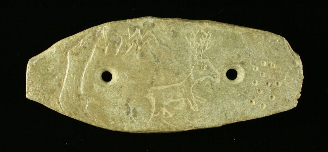4 1/4" Decorative Engraved Gorget: Interesting design on this example. Gorget appears old however the engraving appears to have been added much later. Sold as Decorative only.