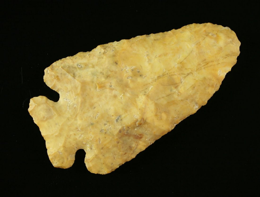 3" Thebes/Ohio Bevel: Found near Glenford in Perry Co., Ohio. Ex - Art Heaton Collection. Yellow Flint Ridge flint example. Some unusual metal marking on blade face, so selling 'AS-IS'