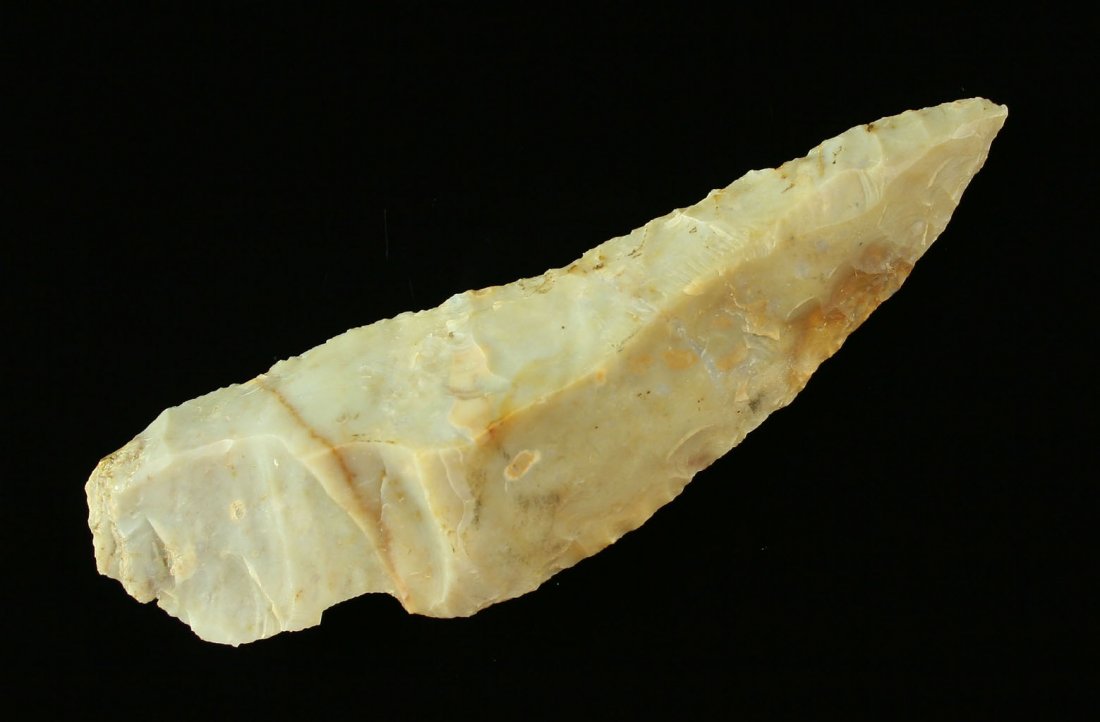 4 1/2" Paleo Scraper: Blade-like example in Flint Ridge flint. Ex - Art Heaton Collection. Nice!