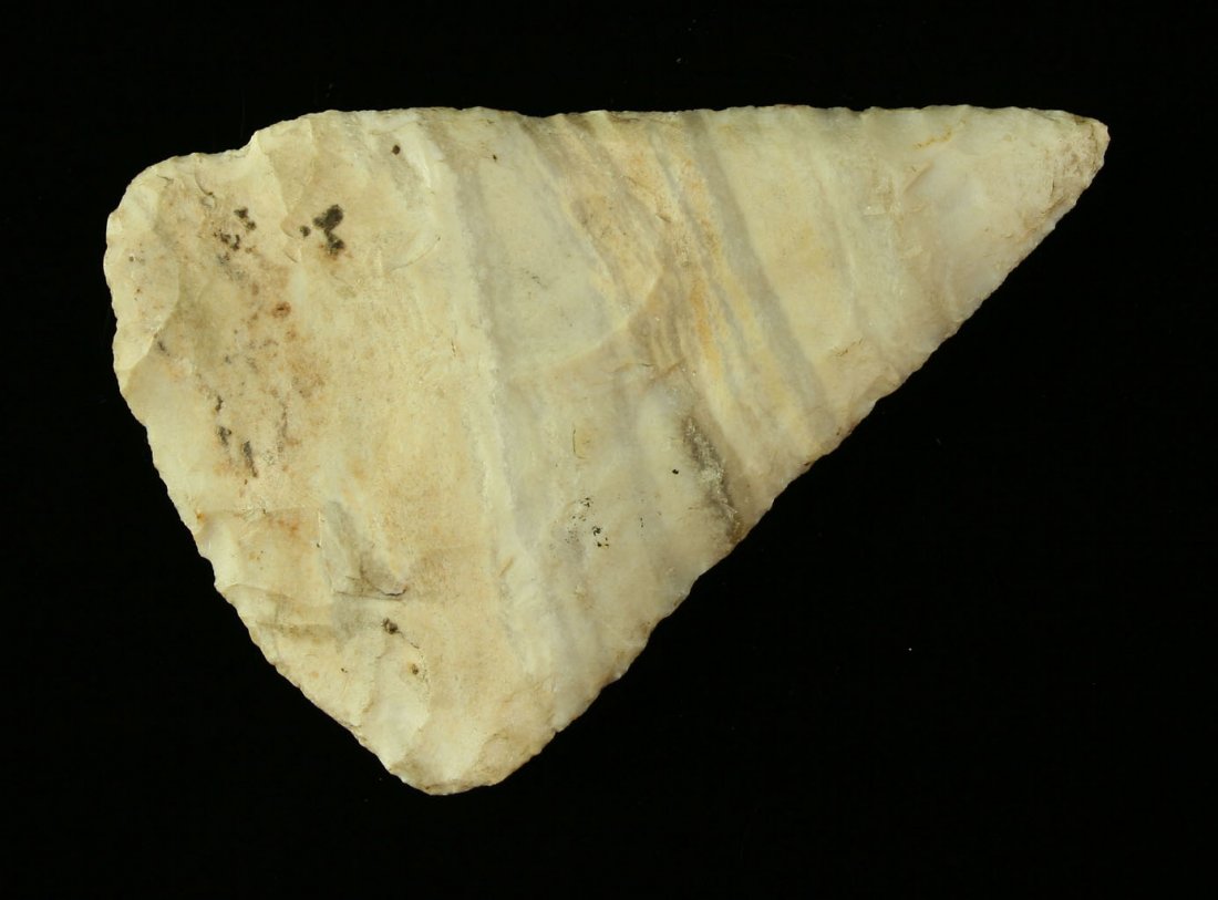2 3/4" Woodland Knife: Nicely made translucent banded chert example fround by W.H. Sanders in York Township, Darke Co., Ohio. Ex - Art Heaton Collection. Old collector script.