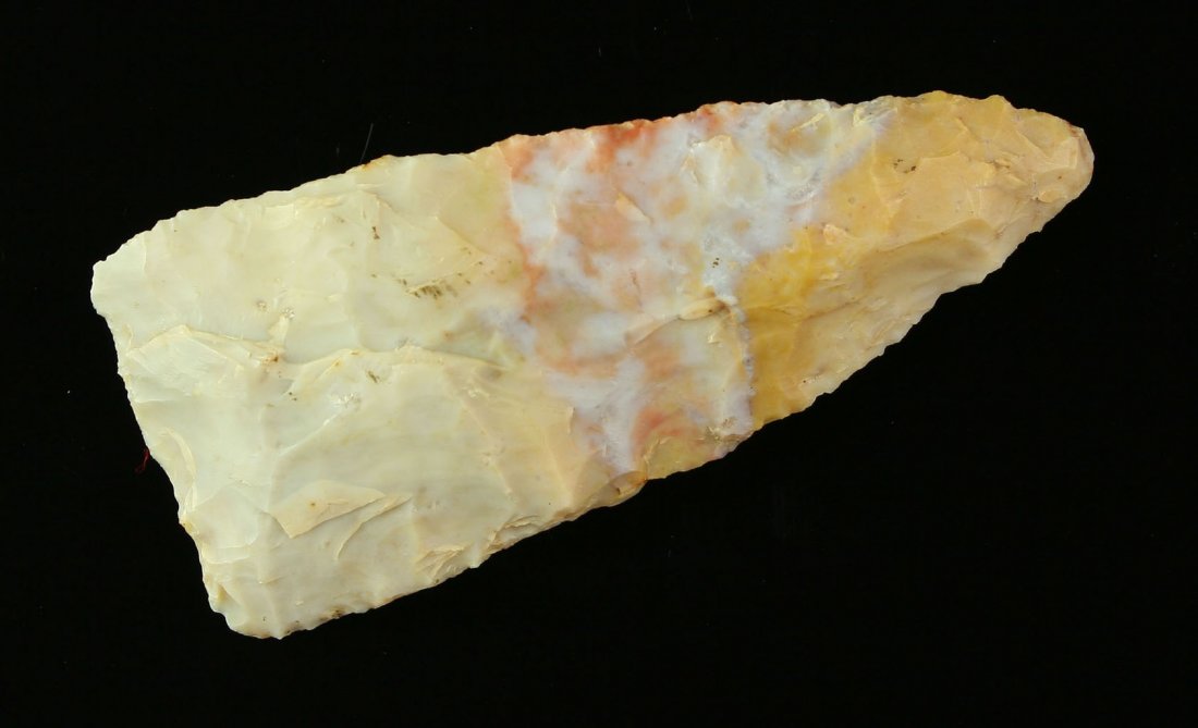 3 13/16" Adena Knife: Colorful Flint Ridge material from Ross Co., Ohio. Ex - Willy Cross, Art Heaton Collections.