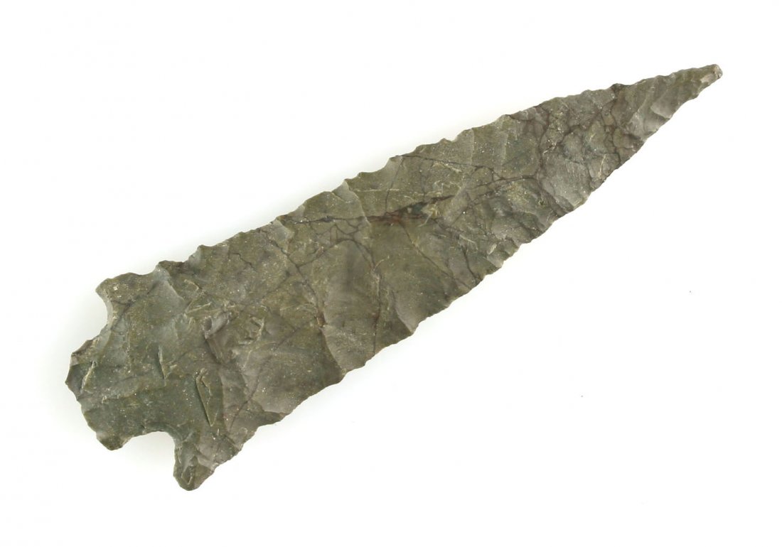 2 15/16" Elko - Stermer COA: Gray chert example found in the 1950's in Lake Co., Oregon. Ex - Walter Solinski Collection. Stermer COA.