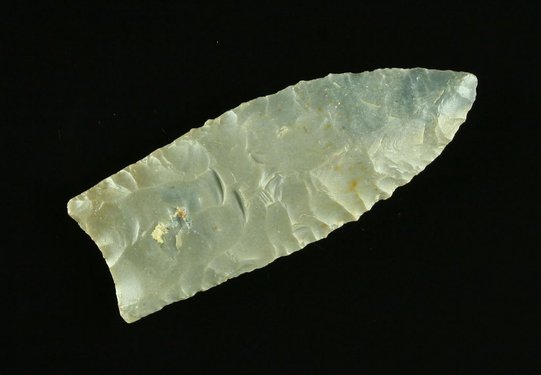 'G-10' 2 1/2" Hornstone Clovis from Kentucky - Jackson: Great symmetry, form, and flaking. Nicely fluted on both sides. Classic gray Hornstone with bluish undertones. Lincoln Co., Kentucky. Jackson G-10 COA.