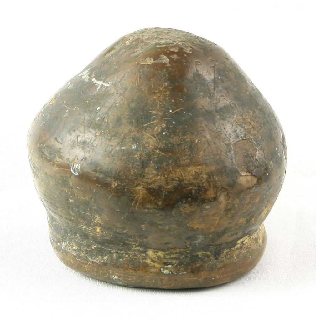 5 1/4"x 5" Stone Tool: Unusual stone tool made from an iron-rich stone showing use wear and tooling marks. Probably used as a maul or hammerstone. Weighs 8lbs, 7.4oz. Ohio.