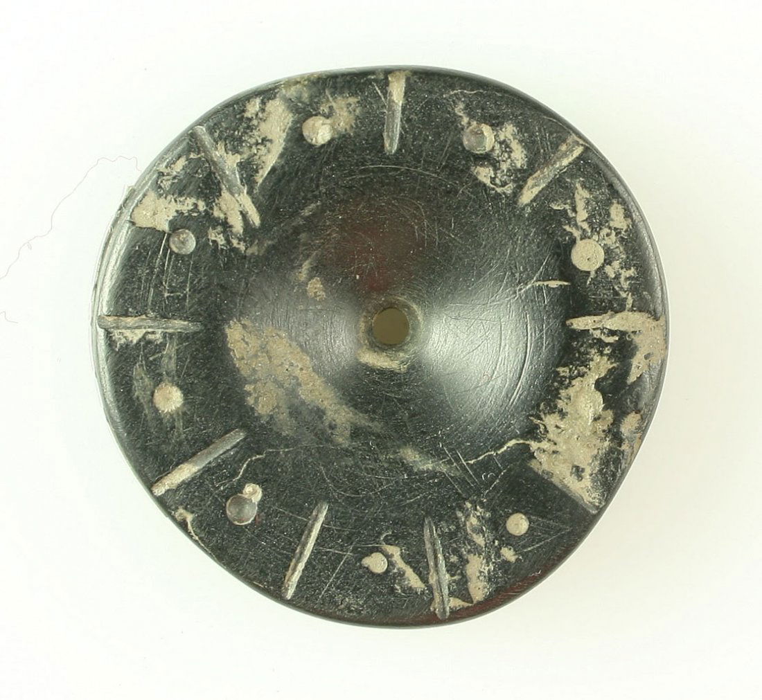 2" Ft. Ancient Cannel Coal Disc: Rays and Dots on this example from Ohio. Black Cannel Coal formerly of the Art Heaton Collection.
