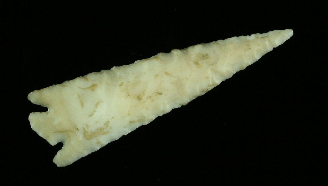 2 3/8" Eastgate Expanding Stem - Stermer COA: Found in the 1950's in Lake Co., Oregon. Ex - Walter Solinski Collection. Tip has been broken and glued apprx 3/16" from tip. Stermer identifies as 'Tosawihi' chert, we think White agate or Battle Mou