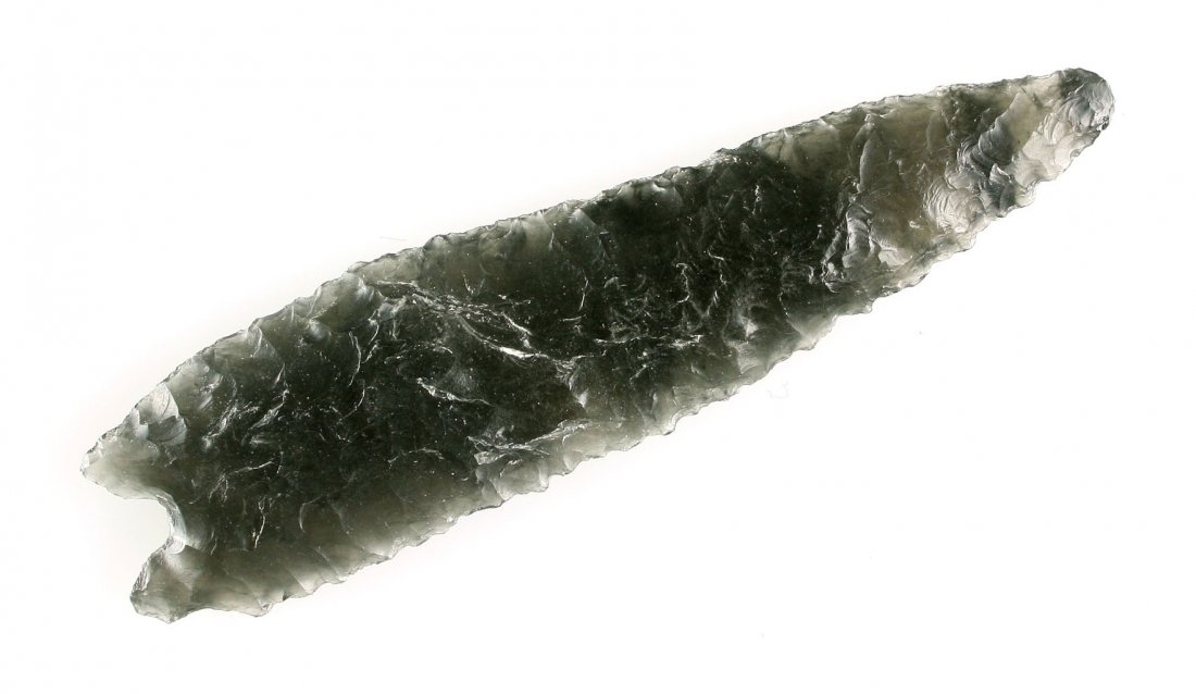 4 3/16" Humboldt Constricted Base - Stermer COA: Obsidian example found in the early 1950's in Lake Co., Oregon. Ex - Walter Solinski Collection.