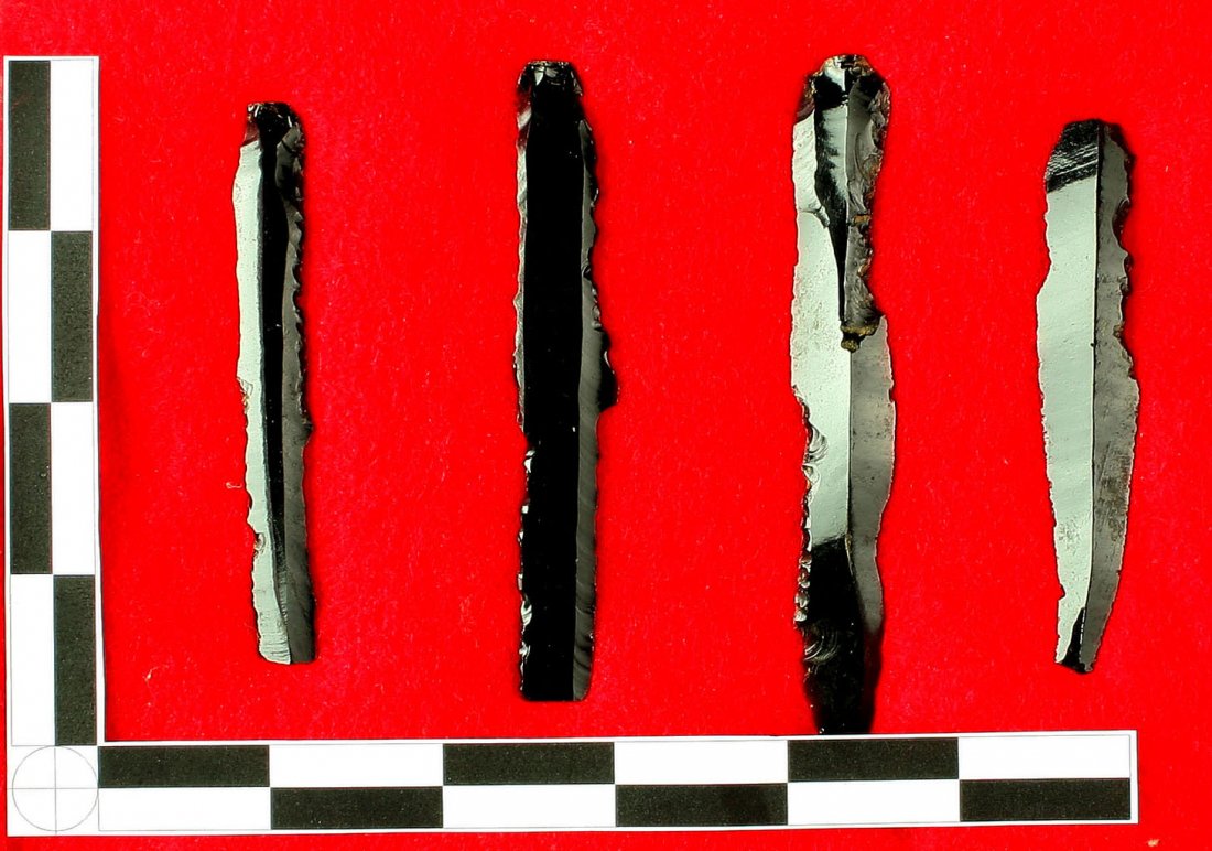 4 Nice Obsidian Bladelets: PreColumbian Bladelets from the Art Heaton Collection in a nice display frame. Longest 4 3/16". Obsidian. Frame included.