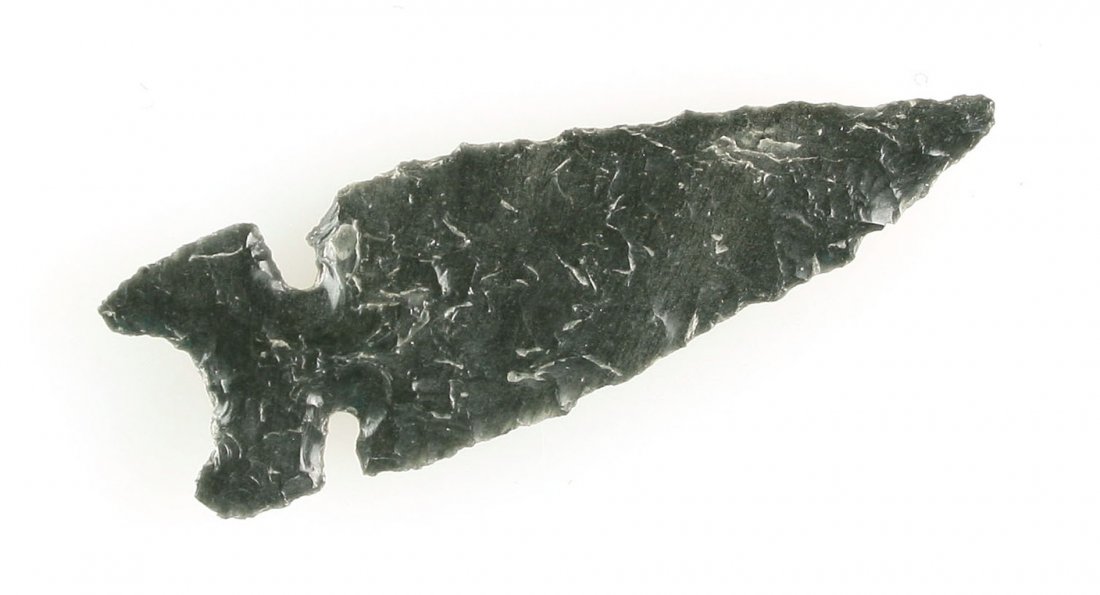 2 1/16" Northern Side Notch - Stermer COA: Obsidian example found in the 1950's in Lake Co., Oregon. Ex - Walter Solinski Collection.