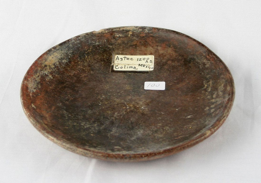 7 1/2" Colima Redware Dish - Jackson COA: Colima, West Mexico example dating to 1200 AD. Nice with raised center. Ex - Cowan Hood Collection.