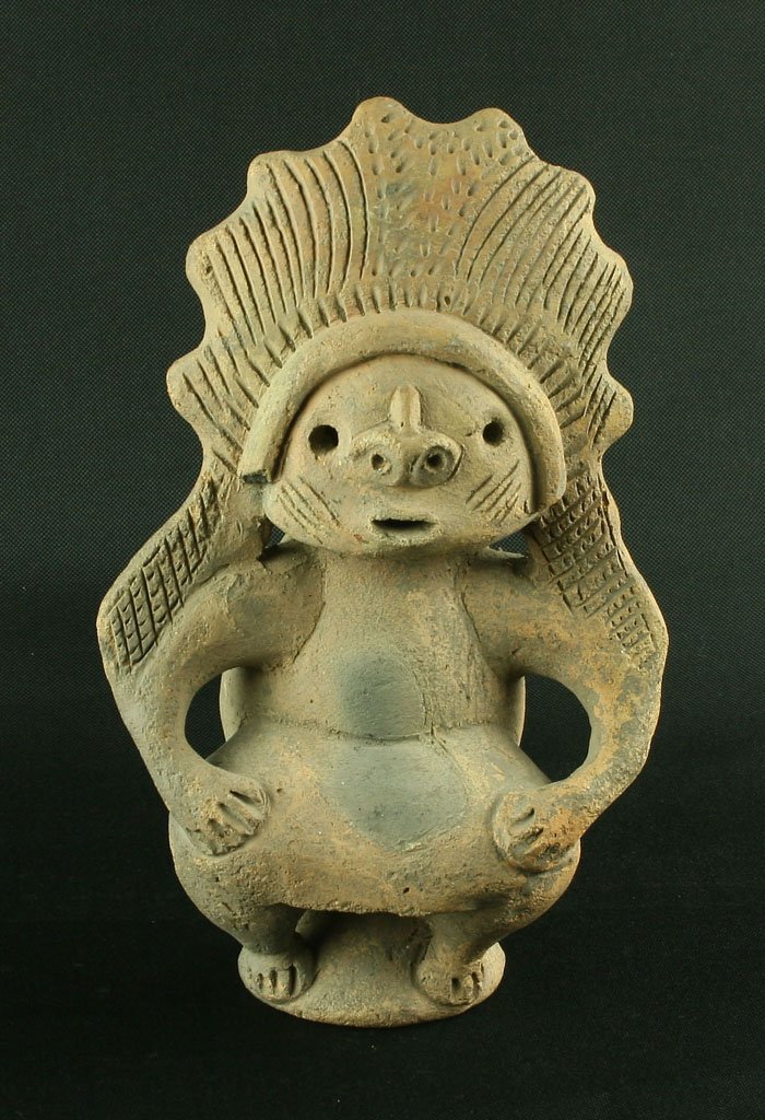 9 1/4" PreColumbian 'Musica' Culture Incensario: Nice seated figural piece from Colombia. Terra Cotta. Ex - Varela Collection.
