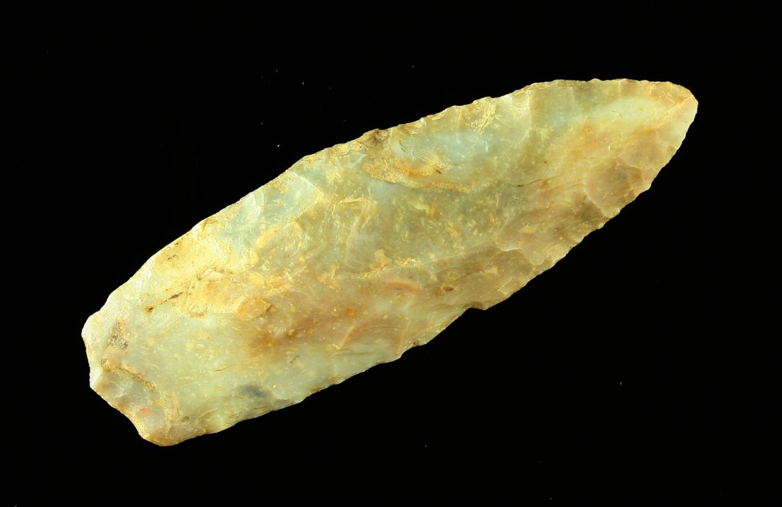 Pretty 3" Eastern Stemmed Lance: Made of blue, white, cream, and yellow Boyle Chert. Found in Bath Co., Kentucky. Ex- Richard White Collection. Basically an 'Eastern Agate Basin'. Heavily ground stem edges.