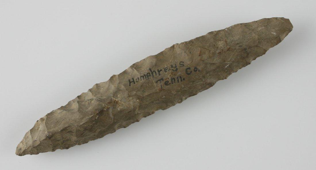 7 1/8" Spike: Thicker spear/dagger from Humphreys Co., Tennessee. Ex - Cowan Hood Collection. Dover Chert.