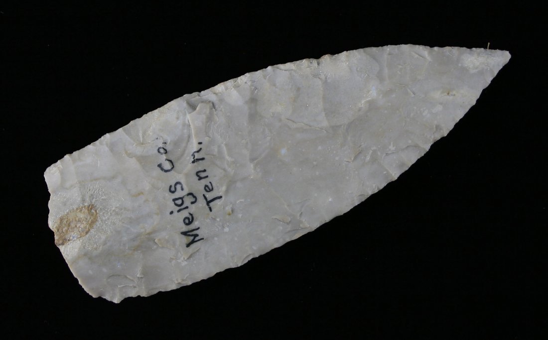 4 3/4" Archaic Blade: Tan Chert example from Meigs Co., Tennessee. Ex - Cowan Hood Collection. Nicely made.