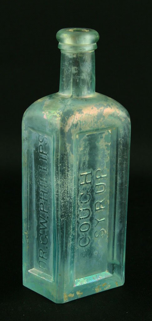 1845-1855 6 7/8" Dr. GW Phillips Cough Syrup: Aqua colored bottle with some iridescence. Found by Art Heaton in and around Batavia Ohio. Made between 1845-1855. Pre-Civil War.