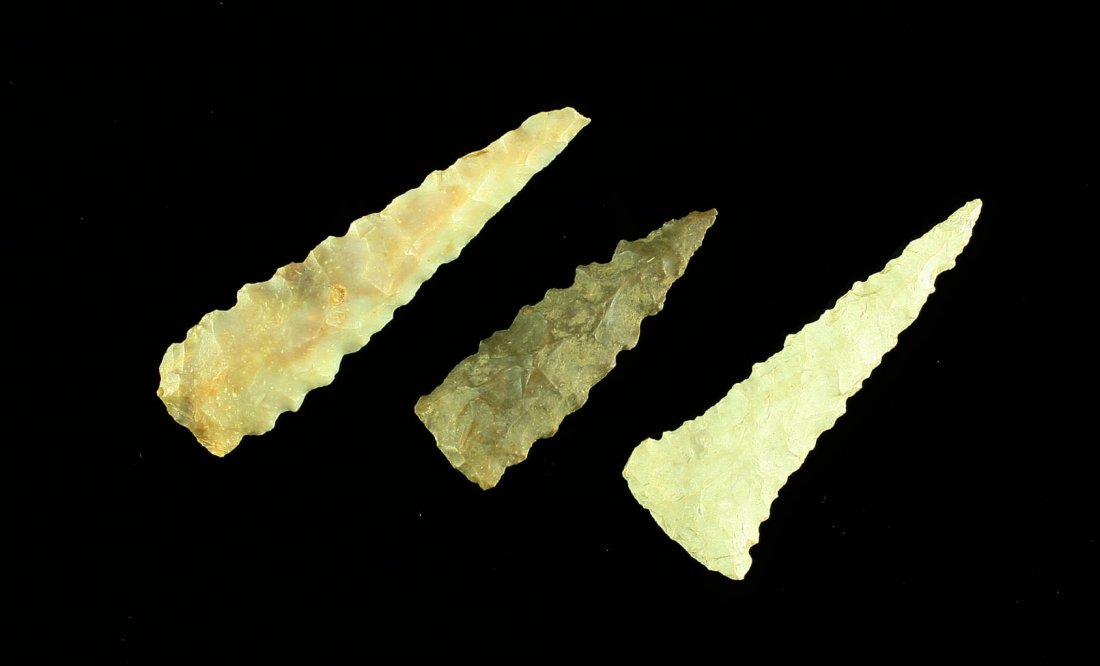 3 Super Serrated Fort Ancient Points: All heavily serrated 'tribute' types. Biggest is over 2 inches. Middle one right at 2 inches. Boyle, Fort Payne, and Dover Cherts. All from Bourbon Co., Kentucky.