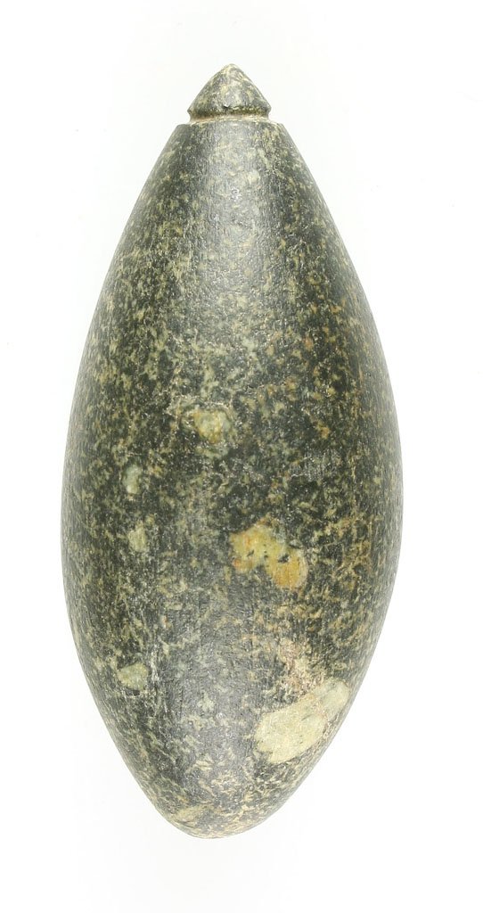3 3/16" Reproduction Plummet: Porphyry example with sticker 'Iowa Co., Iowa'. Reproduction.
