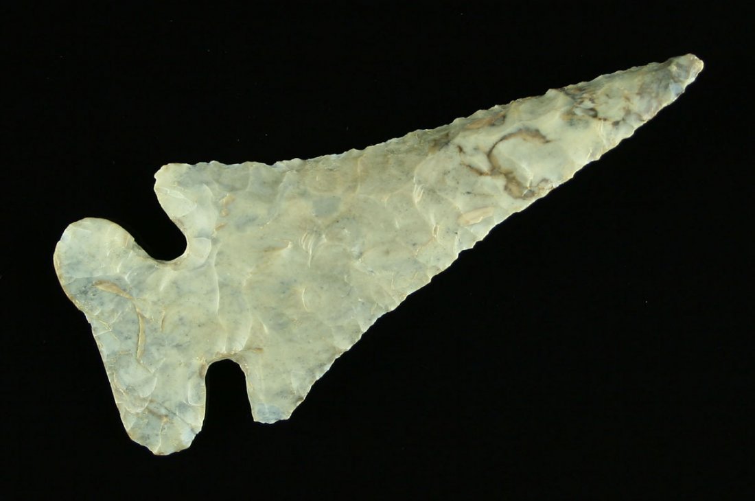 3 13/16" Thebes - Partain COA: Found near Tappen Lake in Harrison Co., Ohio. Greenish blue Flint Ridge. Partain COA.