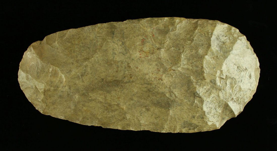 7 1/8" G-9+ Flint Hoe: Supe nice example from the Verlon G. Endres Collection from Illinois in Mill Creek chert. Nice blade polish and remnant of an early early collector tag.