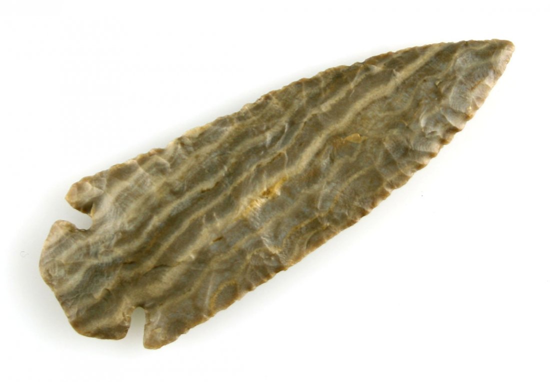 4 1/8" G-10 Dovetail - Davis G-10 COA: Gorgeous striped Tyrone/Crab Orchard flint example from Boyle Co., Kentucky. Ex - Joe Roe Collection. Killer