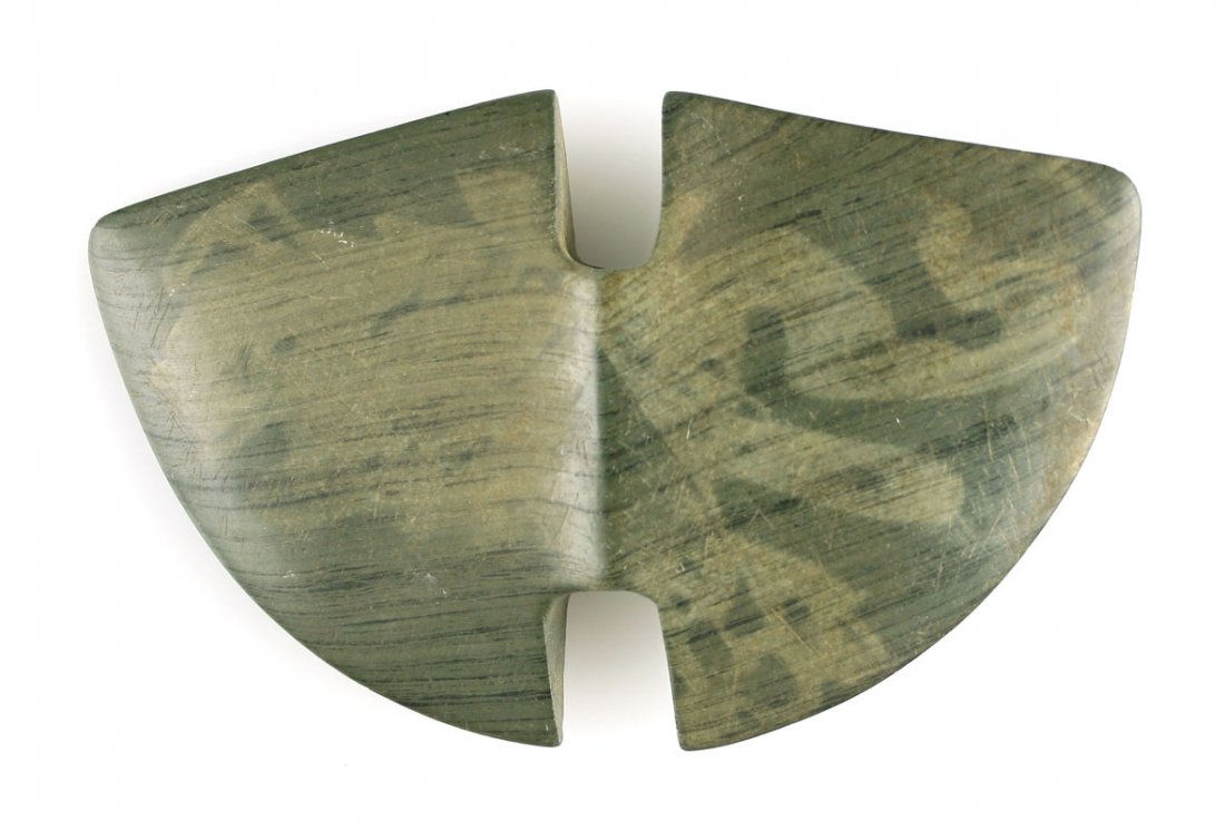 3"x4 7/8" Notched Butterfly Bannerstone: Nice example in green banded slate with some collector polish. Upper Sandusky Ohio origin.