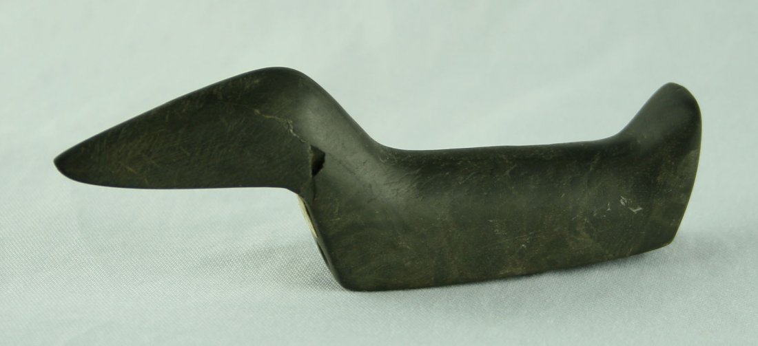 4 5/8" Birdstone BROKEN & GLUED: Slate example broken and glued at the head. Ohio estate find. Clean.