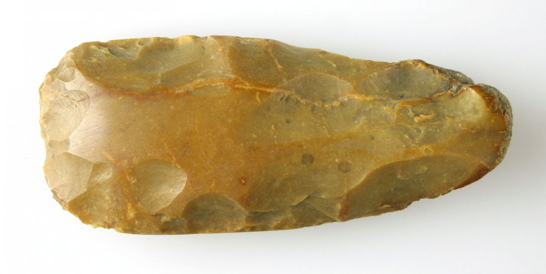 4 1/8" Kentucky Polished Flint Celt: Exceptionally nice example. Caramel colored Carter Cave flint polished over its entirety. Old Fayette Co., Kentucky Collection.
