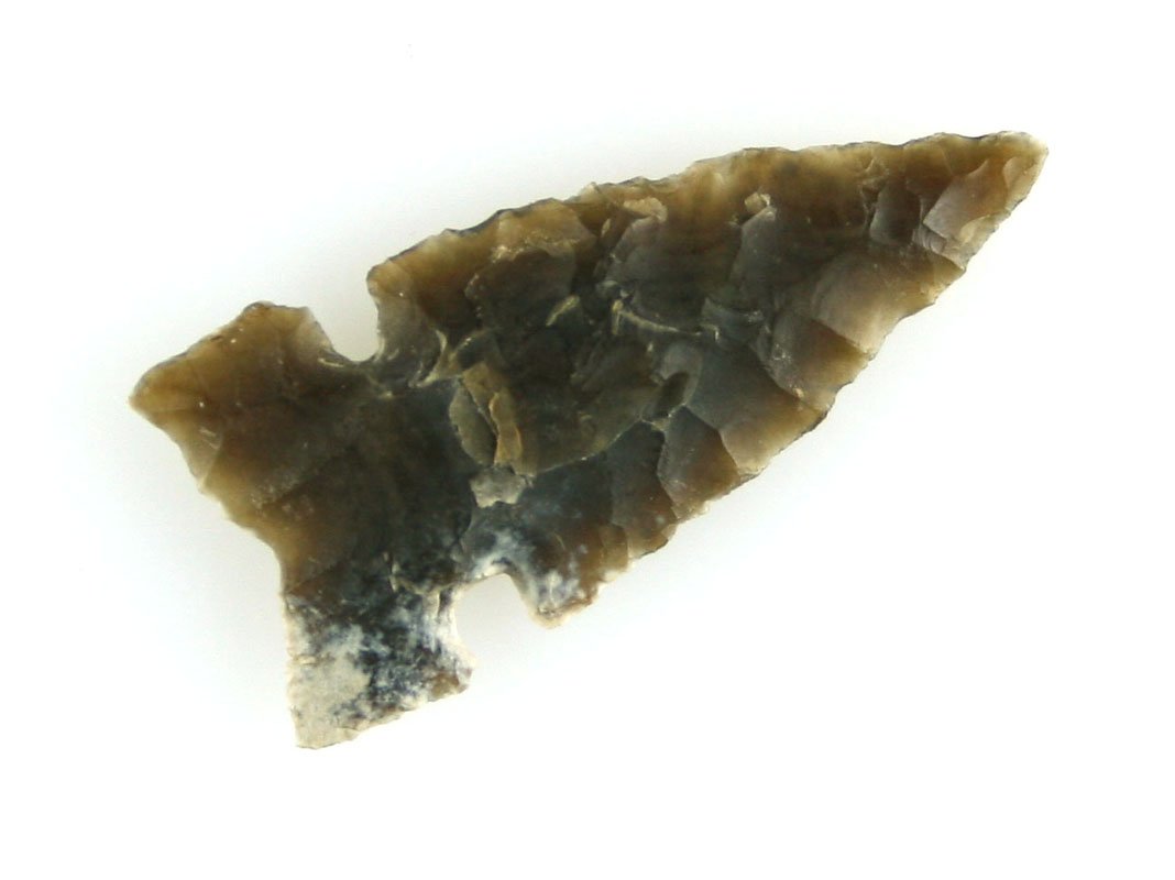 Awesome 1 1/8" Knife River Flint Cut Bank Jaw Notched: Thin, translucent, patinated, and perfectly symmetrical. Found in Montana.