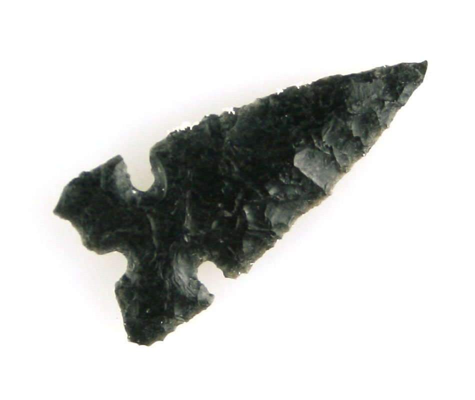 Outstanding 1 1/8" Obsidian Desert General: Super tri-notched example. Jet black glossy Obsidian. Ex- Scott Webb Family Collection. Eastern Oregon.